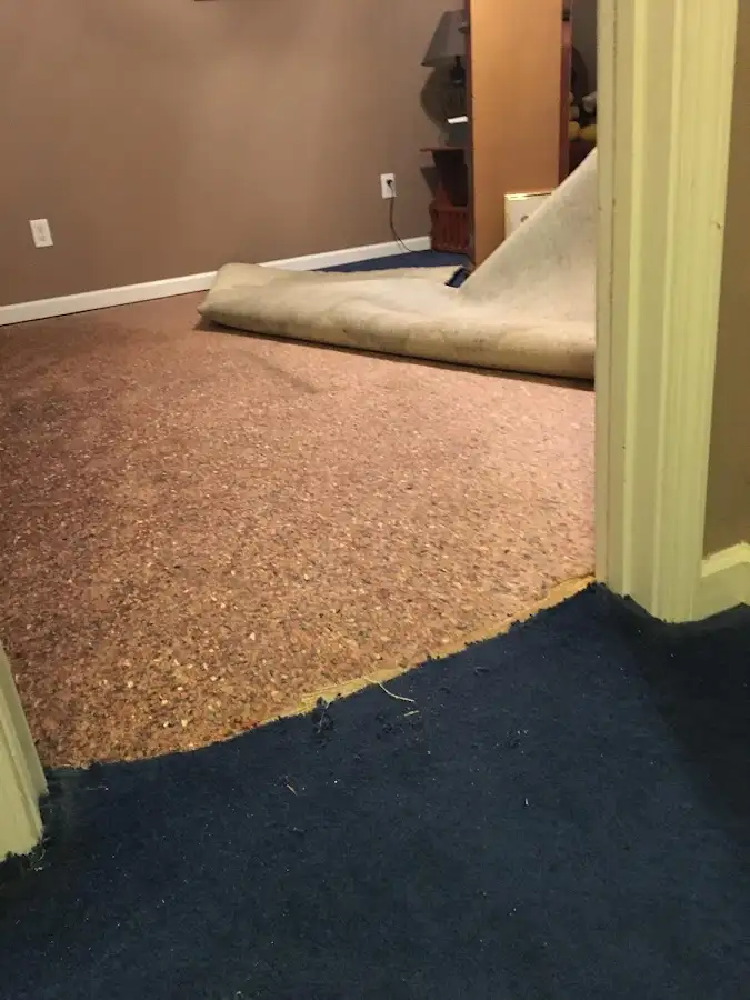 Carpet pad removal revealing water damage during Drying & Dehumidification in Boonville
